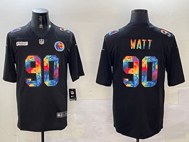 Men Pittsburgh Steelers #90 Watt Black Rainbow 2024 Nike Limited NFL Jersey style 1